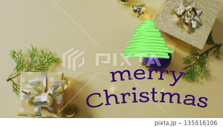 Image of merry christmas text over christmas presents Image of merry christmas text over christmas presents 135816106