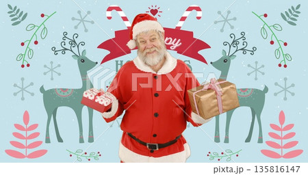Holding gifts, Santa Claus with reindeer and candy canes, holiday image Holding gifts, Santa Claus with reindeer and candy canes, holiday image 135816147