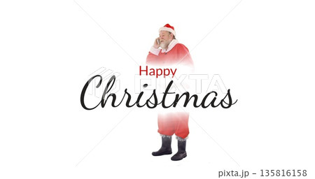 Santa Claus in festive outfit talking on smartphone, spreading holiday cheer 135816158