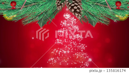 Image of snow falling over christmas tree decoration on red background 135816174