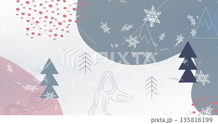 Image of snow falling over christmas trees and decorations Image of snow falling over christmas trees and decorations 135816199