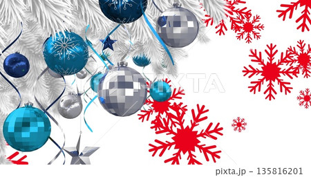 Image of snow falling over christmas decoration with baubles 135816201