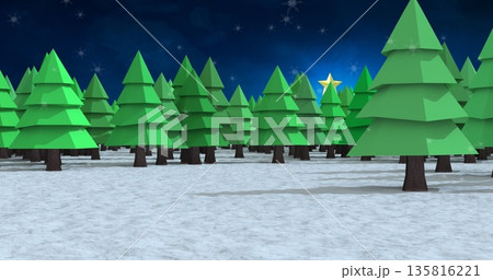 Snow falling over multiple trees on winter landscape against blue background 135816221