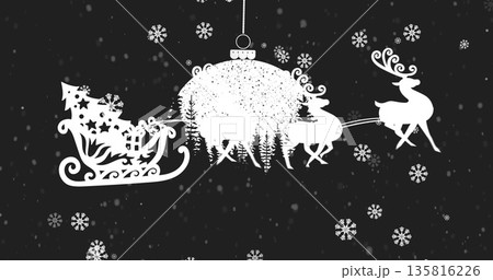 Image of santa claus in sleigh with reindeer moving over christmas bauble decoration Image of santa claus in sleigh with reindeer moving over christmas bauble decoration 135816226