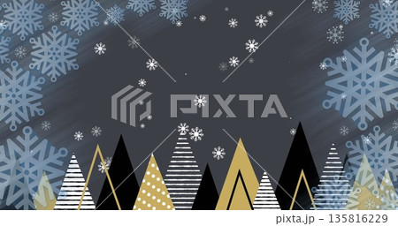 Image of snowflakes falling over christmas trees Image of snowflakes falling over christmas trees 135816229
