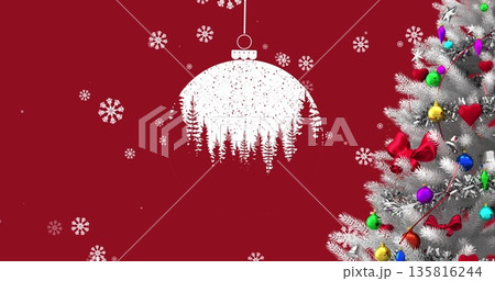 Hanging bauble decoration and snow falling over christmas tree against red background Hanging bauble decoration and snow falling over christmas tree against red background 135816244
