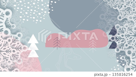 Image of christmas decorations over winter scenery Image of christmas decorations over winter scenery 135816254