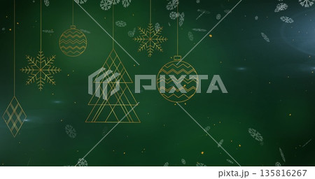 Image of snow falling over christmas decorations Image of snow falling over christmas decorations 135816267