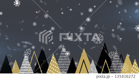 Image of snow falling over christmas trees Image of snow falling over christmas trees 135816272