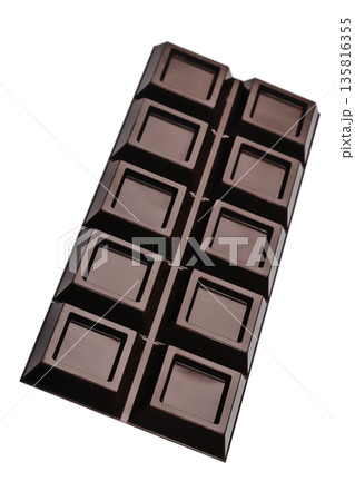 Dark chocolate bar isolated on white background, diagonal view Dark chocolate bar isolated on white background, diagonal view 135816355