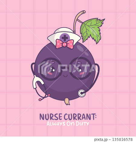 Nurse Blackcurrant Girl with Stethoscope. Cute Kawaii Berry Currant Mascot Medical Character in Glasses and Hat on Pink Checkered Background. Cool Card with Quote. Vector illustration Nurse Blackcurrant Girl with Stethoscope. Cute Kawaii Berry Currant Mascot Medical Character in Glasses and Hat on Pink Checkered Background. Cool Card with Quote. Vector illustration 135816578