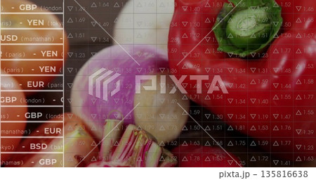 Red pepper sitting in studio, purple onion and grid showing currency codes and arrows, copy space Red pepper sitting in studio, purple onion and grid showing currency codes and arrows, copy space 135816638