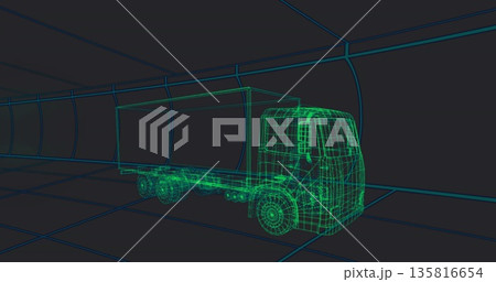Showing green wireframe semi-truck gliding through blue grid tunnel with floor panels and walls 135816654
