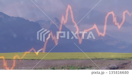 Overlaying orange line graph across grassy plain, yellow crop field and mountain range on farmland Overlaying orange line graph across grassy plain, yellow crop field and mountain range on farmland 135816680