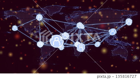 Connecting avatar icon across dotted digital map with neon blue lines and amber bokeh, copy space Connecting avatar icon across dotted digital map with neon blue lines and amber bokeh, copy space 135816727
