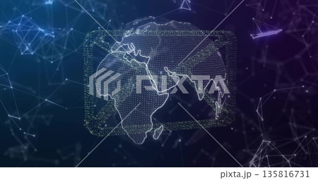 Forming particle based Earth inside glowing frame in abstract space, with network nodes and lines 135816731