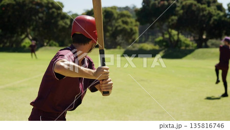 Baseball batter gripping wooden bat with helmet, watching baseball at park home plate with mound 135816746