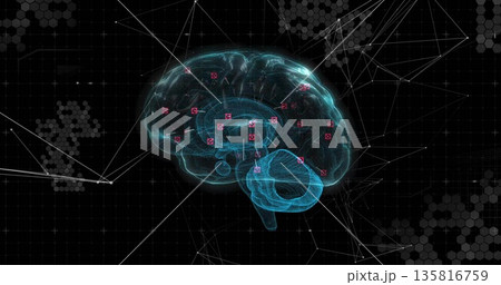Floating 3D digital brain hologram glowing in high-tech interface space, with magenta data markers 135816759