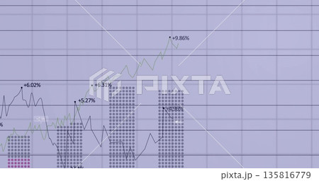 Displaying financial chart at dashboard, with line plots, dotted bar columns and percentage markers 135816779