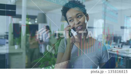 Woman holding smartphone to ear calling in open office with financial chart overlays, copy space Woman holding smartphone to ear calling in open office with financial chart overlays, copy space 135816815