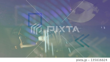 Sipping woman wearing half-face mask and striped top in lounge, with pale cocktail, graphic shapes Sipping woman wearing half-face mask and striped top in lounge, with pale cocktail, graphic shapes 135816824