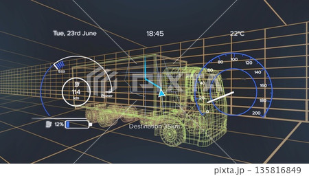 Rotating 3D wireframe truck model in grid workspace, with HUD overlays and destination indicator 135816849