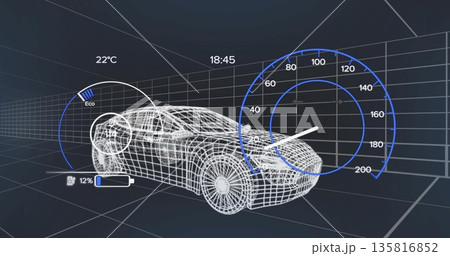 Displaying wireframe sedan model floating in digital grid chamber, with holographic gauges 135816852