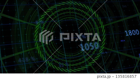 Displaying central green concentric interface on control screen with blue grid and numeric readouts 135816857