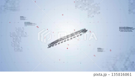 Displaying rail segment hovering over pale blue grid with red symbols, grey hexagons and code 135816861