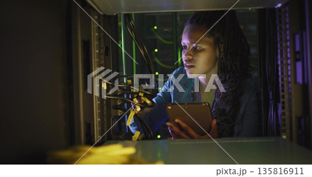 Crouching technician managing network switches and Ethernet cables in LED lit rack, using tablet 135816911