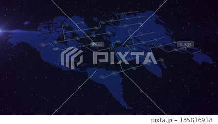 Displaying navy map with glowing network nodes and data labels against space and blue lens flare Displaying navy map with glowing network nodes and data labels against space and blue lens flare 135816918