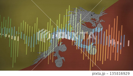 Featuring stylized dragon illustration overlaying diagonal color split, with colorful waveform bars Featuring stylized dragon illustration overlaying diagonal color split, with colorful waveform bars 135816929