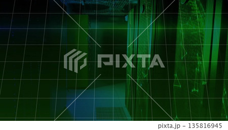 Projecting green overlay scanning data center corridor, with server racks, switches and cables 135816945