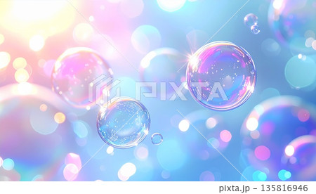 水色の背景にふわふわ飛ぶシャボン玉　虹色と煌めきと日差し 135816946