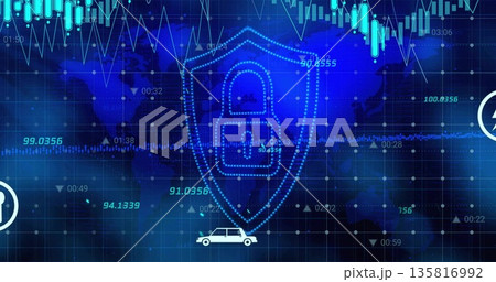 Neon-blue shield enclosing padlock glowing in control panel, with world map, data charts, limousine Neon-blue shield enclosing padlock glowing in control panel, with world map, data charts, limousine 135816992