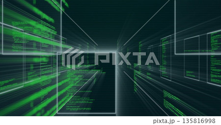 Converging rectangular code panels forming virtual data tunnel, with green text and motion blur Converging rectangular code panels forming virtual data tunnel, with green text and motion blur 135816998