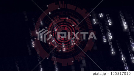Displaying central red HUD-like interface at digital overlay, with binary digits, squares and nodes 135817010