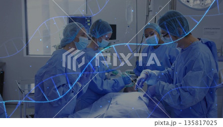Surgical team of four in gowns performing surgery in operating room, with double helix graphic Surgical team of four in gowns performing surgery in operating room, with double helix graphic 135817025