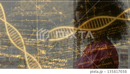 Standing researcher examining code and network diagrams in lab, with golden DNA helices, copy space Standing researcher examining code and network diagrams in lab, with golden DNA helices, copy space 135817038