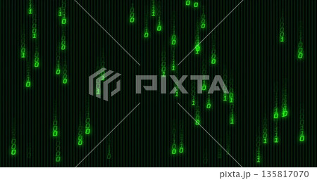 Streaming green binary digit streams cascading across dark grid panel, with neon code visualization 135817070