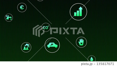 Electric vehicle icon glowing on dark green stripes showing icons for CO?, bar-chart, Euro and leaf 135817071