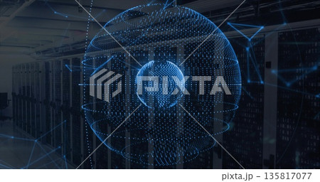 Hovering translucent blue digital sphere in data center corridor, with LED racks, network cables Hovering translucent blue digital sphere in data center corridor, with LED racks, network cables 135817077