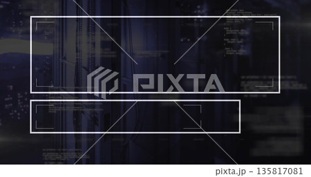 Interface rectangles hovering in data center, with server racks, network cables and code fragments Interface rectangles hovering in data center, with server racks, network cables and code fragments 135817081