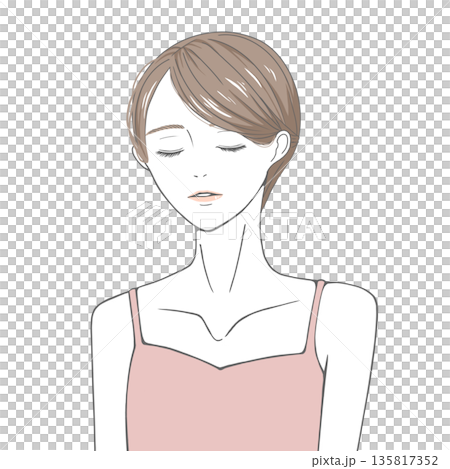 キャミソールを着て目をつむる女性(茶髪) キャミソールを着て目をつむる女性(茶髪) 135817352