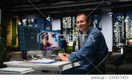 Media editor using AI program turning text prompt into photos, retouching technique. Graphic designer text to image artificial intelligence generator transforming words into pictures. Camera A. Media editor using AI program turning text prompt into photos, retouching technique. Graphic designer text to image artificial intelligence generator transforming words into pictures. Camera A. 135817453