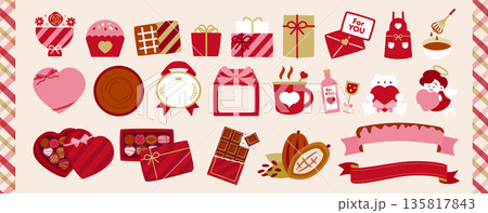バレンタインデーのバレンタインチョコレートやラッピング、チョコレートボックスなどのシンプルなフラット 135817843