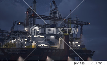 Offshore steel platforms illuminating dark sky conducts safe petrol extraction to reduce environment damage. Industrial drilling rigs following carbon footprint regulations to protect marine ecosystem Offshore steel platforms illuminating dark sky conducts safe petrol extraction to reduce environment damage. Industrial drilling rigs following carbon footprint regulations to protect marine ecosystem 135817848