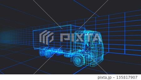 Rendering wireframe semi-truck model within 3D grid space, highlighting simulation depth 135817907