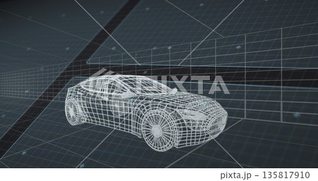 Displaying wireframe sedan model in digital modeling studio, with grid lines on floor and walls Displaying wireframe sedan model in digital modeling studio, with grid lines on floor and walls 135817910