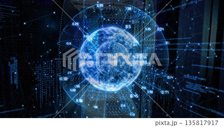 Floating sphere projecting data points numeric overlays and network lines in server room Floating sphere projecting data points numeric overlays and network lines in server room 135817917